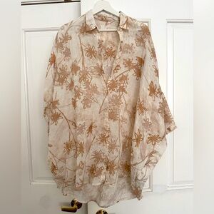 120% Lino Oversized Linen Floral Blouse Shirt Top Size S